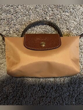 Longchamp Beige Nylon Mini Top-Handle Bag with Brown Leather Flap